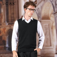 Load image into Gallery viewer, UCAK Brand Sweater Vest 2020 New Arrival Solid V-Neck Casual Spring Autumn Pull Homme Streetwear Wool Warm Sweater Clothes U1043