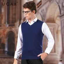 Load image into Gallery viewer, UCAK Brand Sweater Vest 2020 New Arrival Solid V-Neck Casual Spring Autumn Pull Homme Streetwear Wool Warm Sweater Clothes U1043