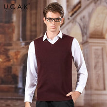 Load image into Gallery viewer, UCAK Brand Sweater Vest 2020 New Arrival Solid V-Neck Casual Spring Autumn Pull Homme Streetwear Wool Warm Sweater Clothes U1043