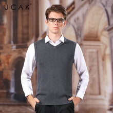 Load image into Gallery viewer, UCAK Brand Sweater Vest 2020 New Arrival Solid V-Neck Casual Spring Autumn Pull Homme Streetwear Wool Warm Sweater Clothes U1043
