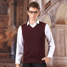 Load image into Gallery viewer, UCAK Brand Sweater Vest 2020 New Arrival Solid V-Neck Casual Spring Autumn Pull Homme Streetwear Wool Warm Sweater Clothes U1043
